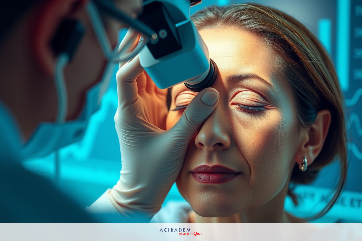 In the image, a professional is conducting an eye examination on a patient. The examiner is holding an instrument up to the patient's eye, possibly using it to assess her vision. Both individuals are engaged in this medical procedure with focused expressions. The setting appears to be an optometrist's office or a similar clinical environment.