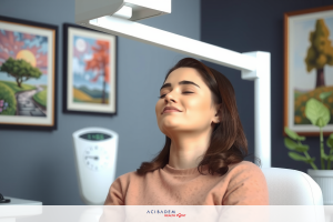 Woman at medical appointment, with eyes closed in relaxation, sitting in chair. Environment includes pictures on wall, plants, and modern office decor.