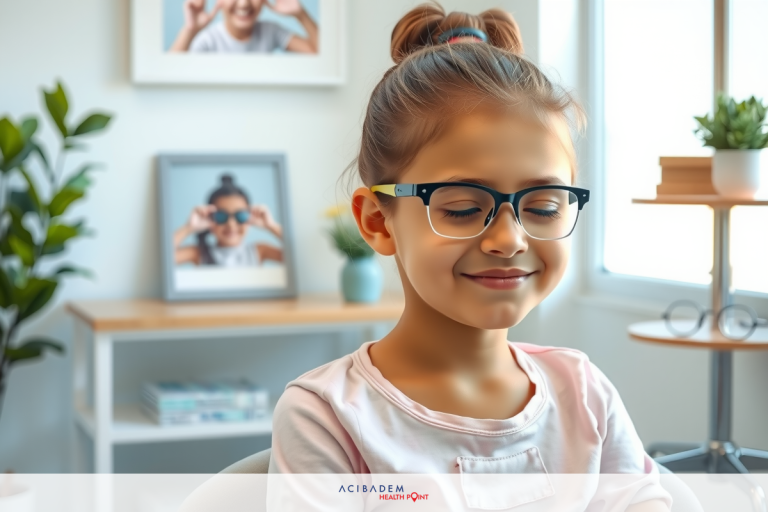 The image features a young girl wearing glasses. She is smiling and appears to be in a room that resembles an office or study space, with a potted plant, framed pictures, and other decorative items visible in the background.