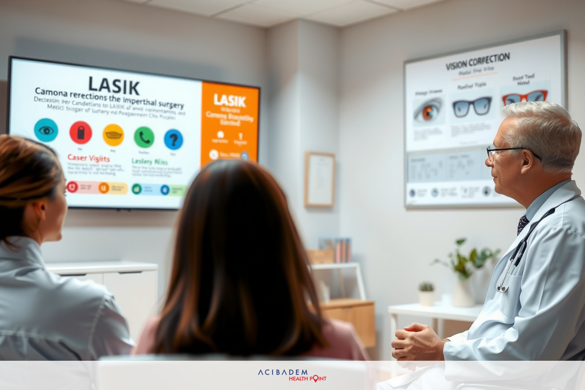 A professional setting with a focus on medical information. A doctor is presenting to other doctors, using a presentation screen that shows slides about Lasik surgery and technology advancements in the field of ophthalmology.