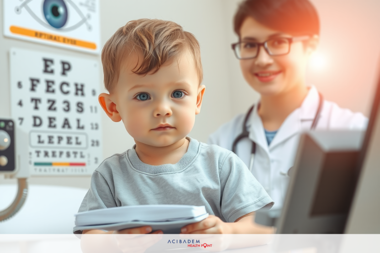 The image shows a young child, likely between 1-3 years old, seated and looking intently towards something outside the frame. The child is indoors, likely at an eye doctor's office or clinic, as suggested by the medical equipment such as an eye examination device visible in the background.