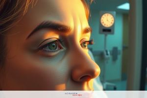 The image features a close-up of a woman’s face as she looks ahead. Her expression is serious and focused. The lighting casts a soft glow across her skin, highlighting her features. The background evokes an indoor setting, with clinical white walls and medical equipment visible.