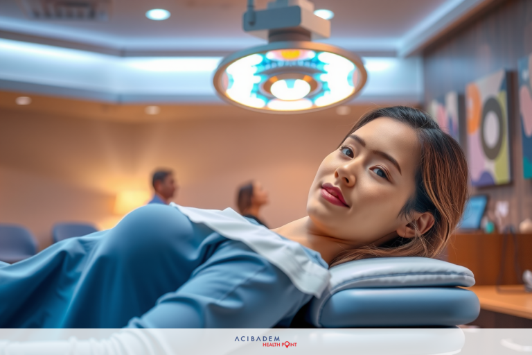 The image shows a woman lying on her back in what appears to be a medical office. She is smiling with her eyes open, indicating that she is likely relaxed during the procedure. There are multiple monitors above her head, suggesting this could be a modern medical setup with advanced diagnostic equipment. The environment is clean and sterile, typical of such facilities.
