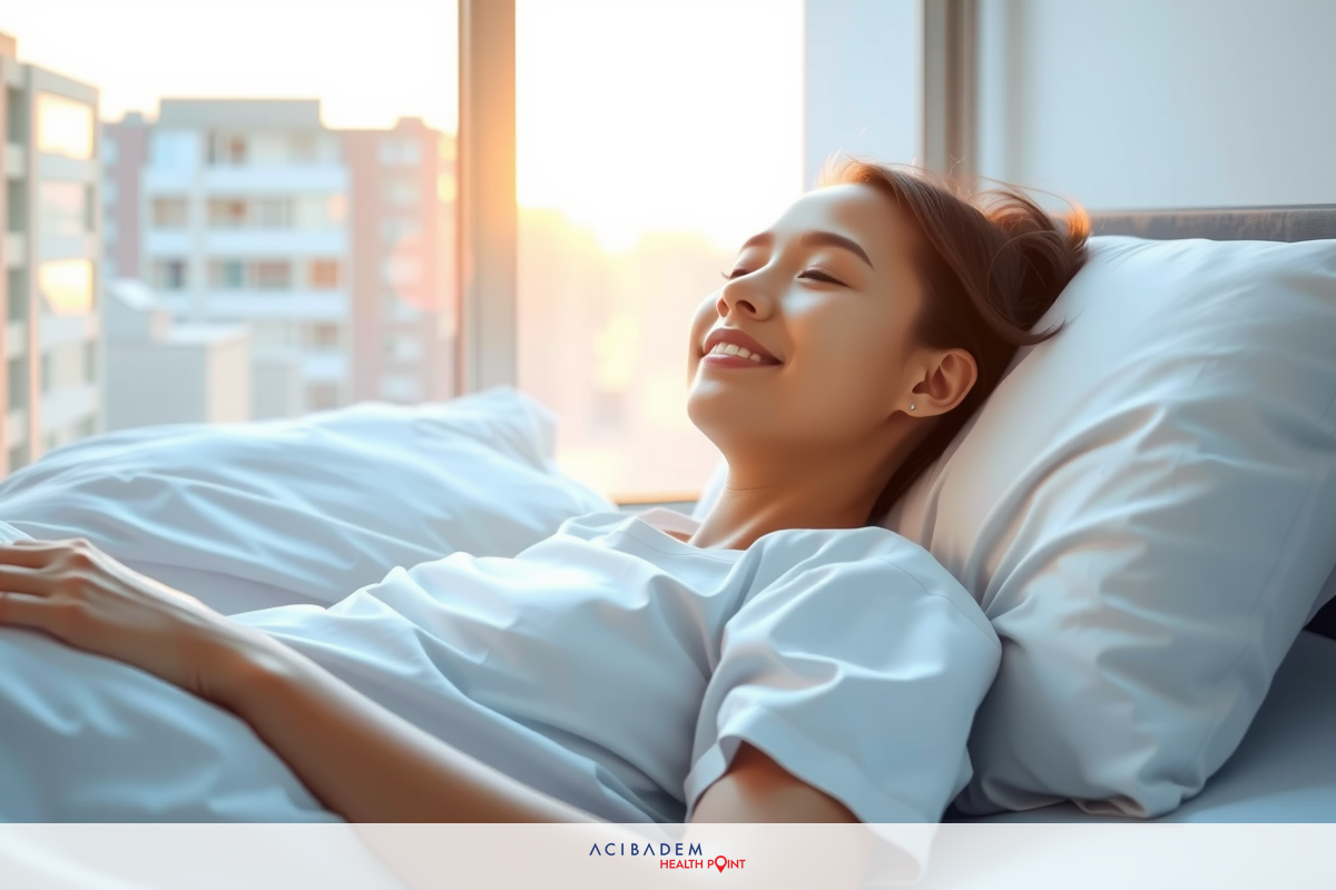 A young woman in a white hospital gown lying in a bed, smiling at the camera. The environment is bright with sunlight coming through a window showing buildings outside.