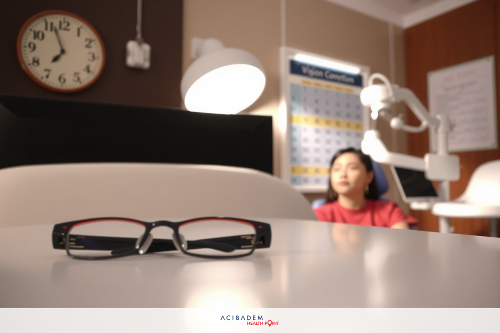 Are You a Candidate for Laser Eye Surgery? The image shows a person sitting at a desk with computer equipment. There is a pair of glasses on the table in front of the person. The background includes a clock and various items on shelves, suggesting an indoor office or workspace environment.