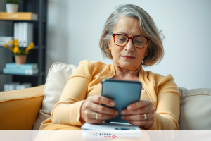 The image shows an elderly woman seated on a couch. She is engaged with a tablet, likely using them for communication or reading purposes.