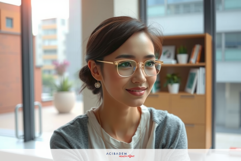 A woman is seated in an office, smiling at the camera. She is wearing glasses and a casual gray top, with her hair pulled back neatly. The office has large windows providing natural light. Books are stacked on shelves in the background.