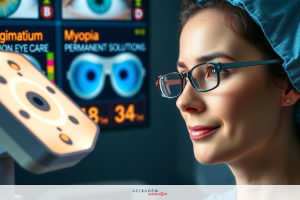 The image depicts a woman wearing medical scrubs and glasses, operating advanced medical equipment. She is focused on an eye examination screen that displays various ocular details like IOP (Intraocular Pressure) and corneal thickness measurements. The environment suggests a modern healthcare facility with high-tech equipment.