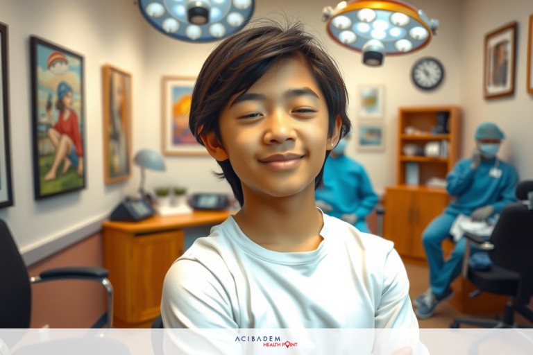 Can a Teenager Get Laser Eye Surgery? The image features a young individual in a medical office setting, likely receiving eye care. The person is seated and smiling at the camera, possibly feeling relaxed or amused by the situation.