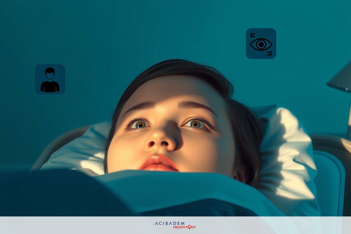 The image shows a young woman lying in a hospital bed. She appears to be looking off to the side with an expression of concern or worry.