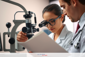 The image shows a medical setting with two professionals, likely optometrists or ophthalmologists. On the left, there is a woman wearing eyeglasses and focusing on paperwork, while the man on the right observes her work. They are in front of an optical device that includes a slit lamp, used for examining the eye.