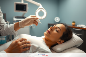 The image shows a medical setting with a woman lying on a bed under what appears to be a medical examination. A healthcare worker, wearing a glove and possibly a face mask on one hand, appears to examine a patient's eye area. The lighting suggests an indoor environment, likely a hospital or clinic, with a focus on providing clear visibility for the procedure being performed.