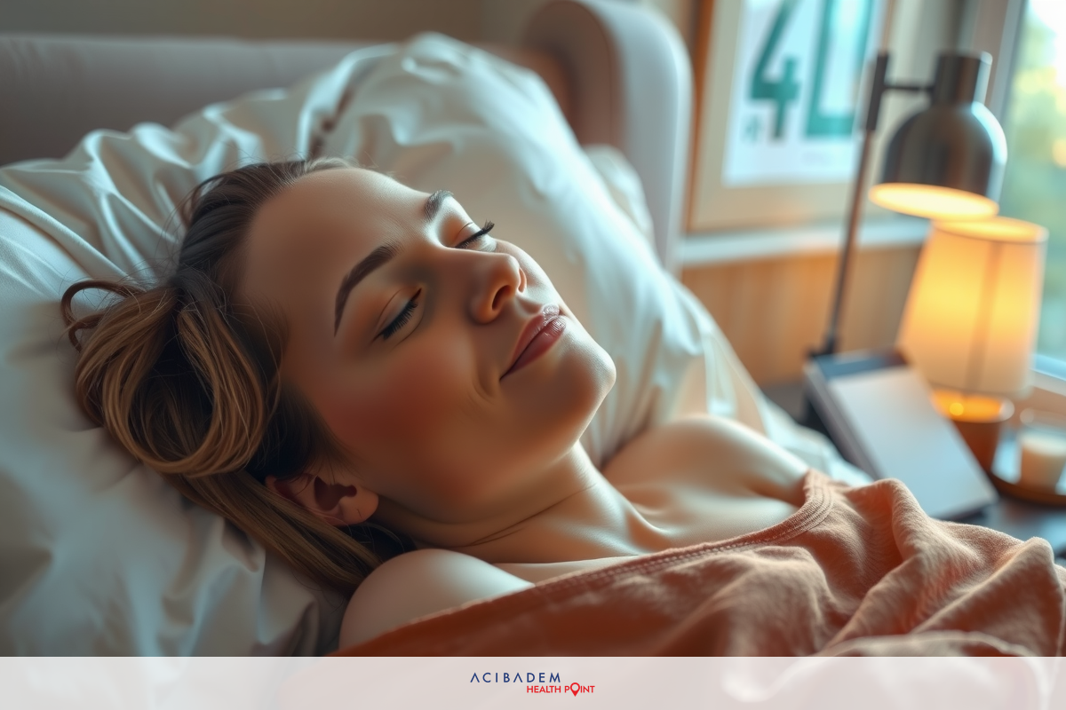 A woman is lying in a hospital bed with her eyes closed. She has blonde hair and is wearing an orange top. The room appears to be well-lit, possibly from natural light coming through a window not visible in the frame.