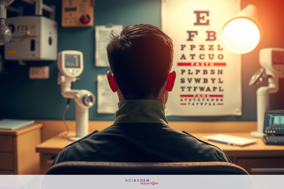 A man in a dimly lit room with medical equipment, including an eye chart. He is seated at a desk and appears to be examining the chart with concentration.