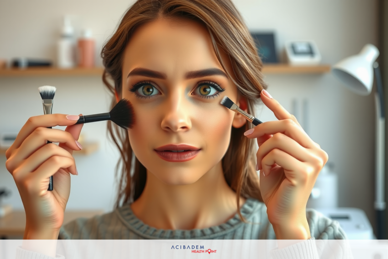 The image shows a woman applying makeup in front of what appears to be a mirror. She is holding three brushes. The setting looks like a makeup workspace or home studio.