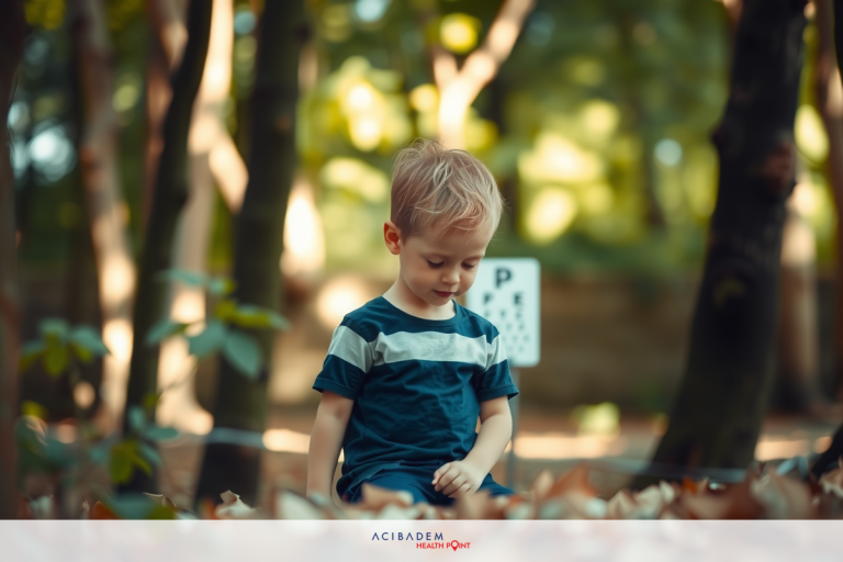 Can You Get Laser Eye Surgery with Amblyopia? The image features a young boy standing in an autumnal forest setting. He is wearing a dark-colored top with horizontal stripes, and his expression seems contemplative as he looks to the left. There are fallen leaves on the ground around him, suggesting that it might be late summer or early fall. The lighting appears natural, indicating the photo was likely taken during daytime in an outdoor environment.