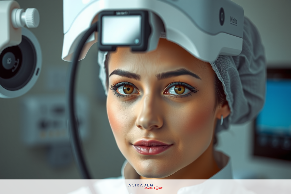 The image shows a woman undergoing a medical scan, likely an MRI. She is wearing a white lab coat and her head is inside the scanner's cylindrical opening which has coils for signal detection. There is clinical equipment visible in the background indicating that this is taking place in a hospital or medical center.