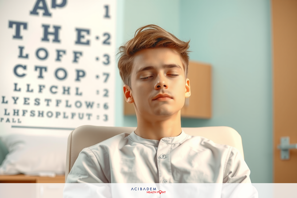 A young man lying down in a hospital bed, wearing a white gown, with his eyes closed as if he is resting or sleeping. The room has a calming blue color scheme and there's medical equipment visible in the background.