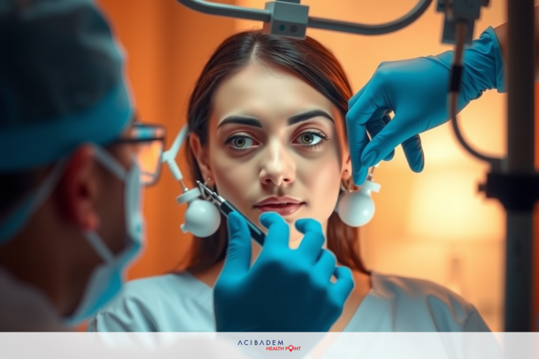 Medical professionals performing an eye exam in an operating room setting. The woman being examined appears relaxed as she sits with her head comfortably positioned for the procedure. The doctors are wearing medical gowns and one of them is holding an instrument near the patient's eye, possibly to take an impression or perform an eye exam.
