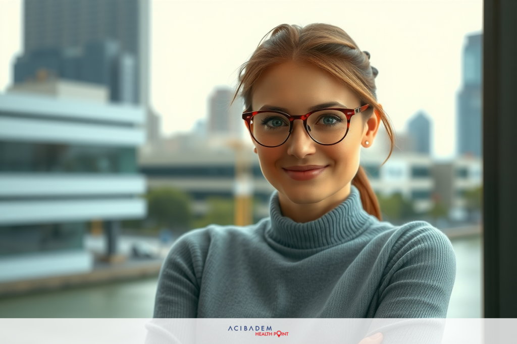 In the image, a woman stands confidently with her hands crossed at her chest. She's wearing a casual grey shirt and glasses. The backdrop features a modern office building with large windows revealing an urban skyline beyond.