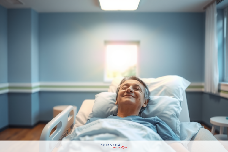 In the image, there is a person in a hospital bed. The individual appears to be an older adult with light skin and dark hair.
