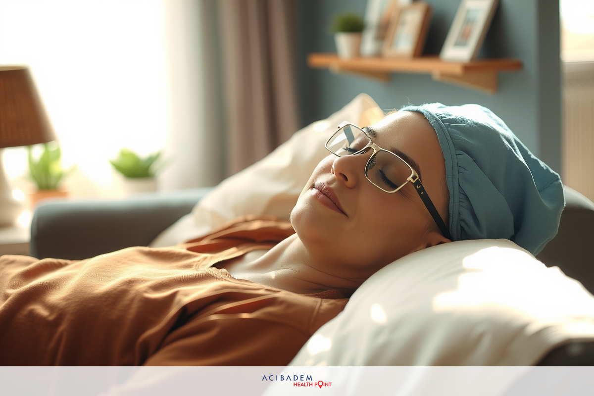 Woman in scrubs laying down with an expression of contentment, wearing glasses and a surgical cap; she is resting on a bed with sunlight coming through the window, creating a warm atmosphere.