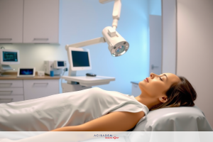The image shows a medical examination setting with two women. One woman is lying on her back under an adjustable light, likely for a routine health check or a surgical procedure.
