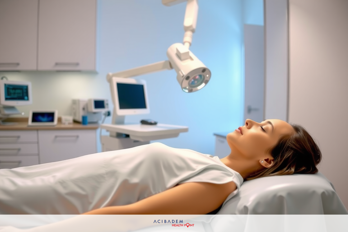 The image shows a medical examination setting with two women. One woman is lying on her back under an adjustable light, likely for a routine health check or a surgical procedure.