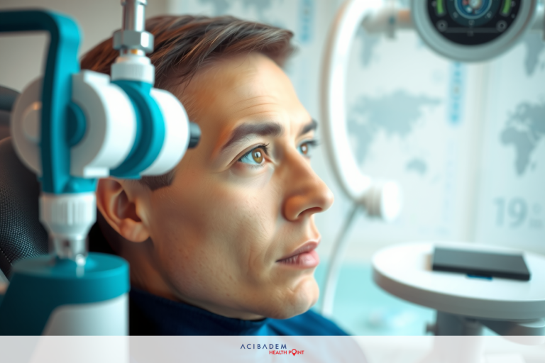 How Laser Eye Surgery Work The image shows a man sitting in what appears to be an advanced medical imaging device. The machine has various controls and displays indicating it is in operation.