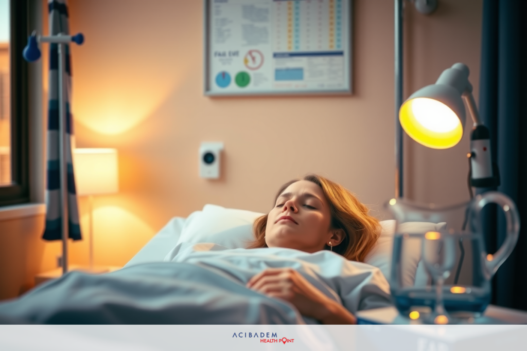 The image shows a woman lying in a hospital bed. She appears to be unwell, with her eyes closed and her hand on her chest. The room is well-lit with artificial lighting.