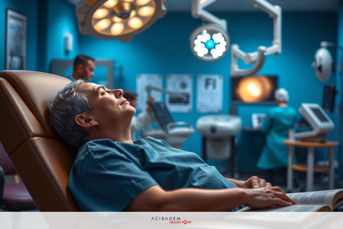 In the image, a patient is lying in an operating room on a bed. They are wearing hospital scrubs and appear to be resting or possibly receiving medical treatment.