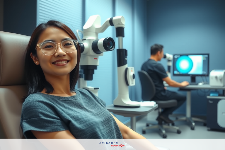 How Does Laser Eye Surgery Correct Nearsightedness The image shows an indoor setting where a woman is seated in what appears to be a medical chair. She has glasses and is smiling towards the camera. Behind her, a technician is operating a piece of equipment.
