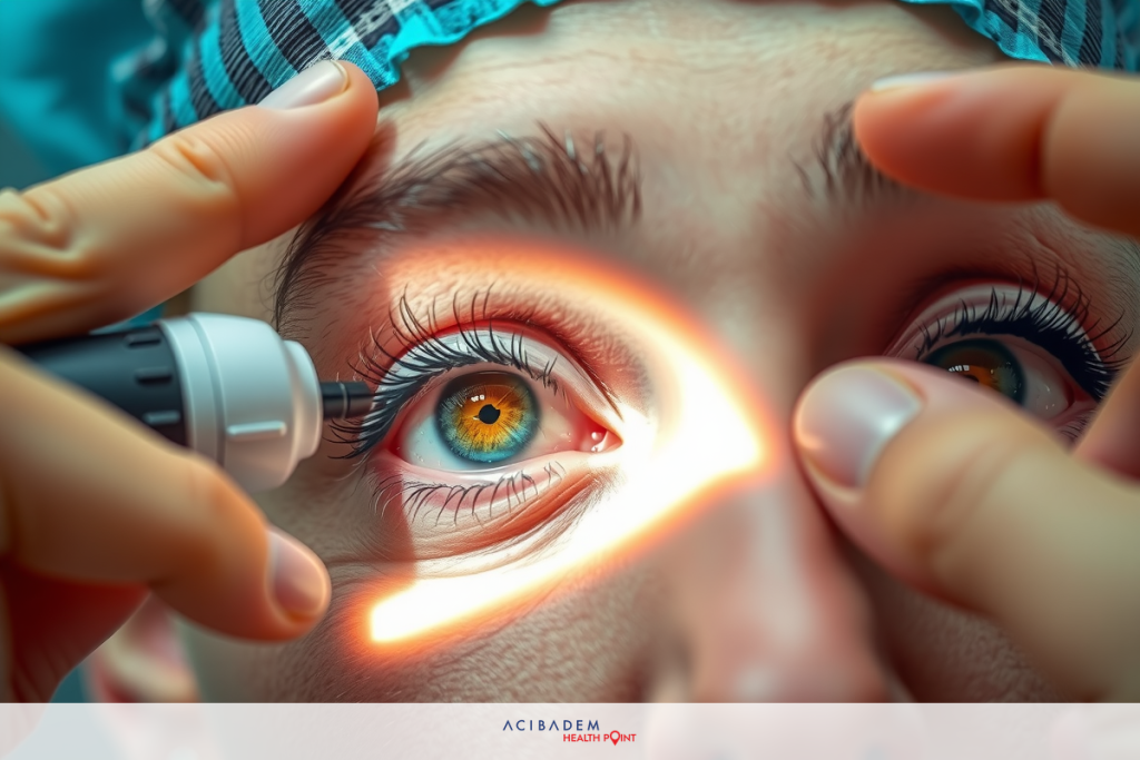Do Laser Eye Surgery Work The image captures a moment in an eye examination. A patient is lying down with their head elevated, and they are looking into the distance while a doctor performs an examination with an ophthalmoscope.