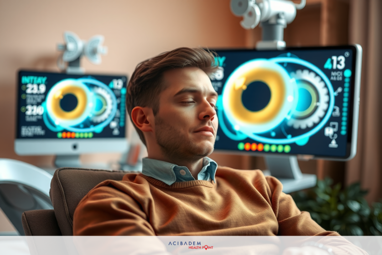 A man is resting, lying in a reclining chair with his eyes closed. He has short hair and appears relaxed. There are multiple computer monitors around him, possibly displaying medical data such as a health monitor or eye exam charts.