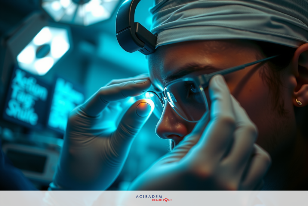 Does Laser Eye Surgery Improve Night Vision The image shows a person in an operating room, likely a surgeon performing surgery. The individual is wearing a medical cap and is using a surgical instrument on the patient's face. Surroundings suggest a professional medical environment with various pieces of equipment visible.