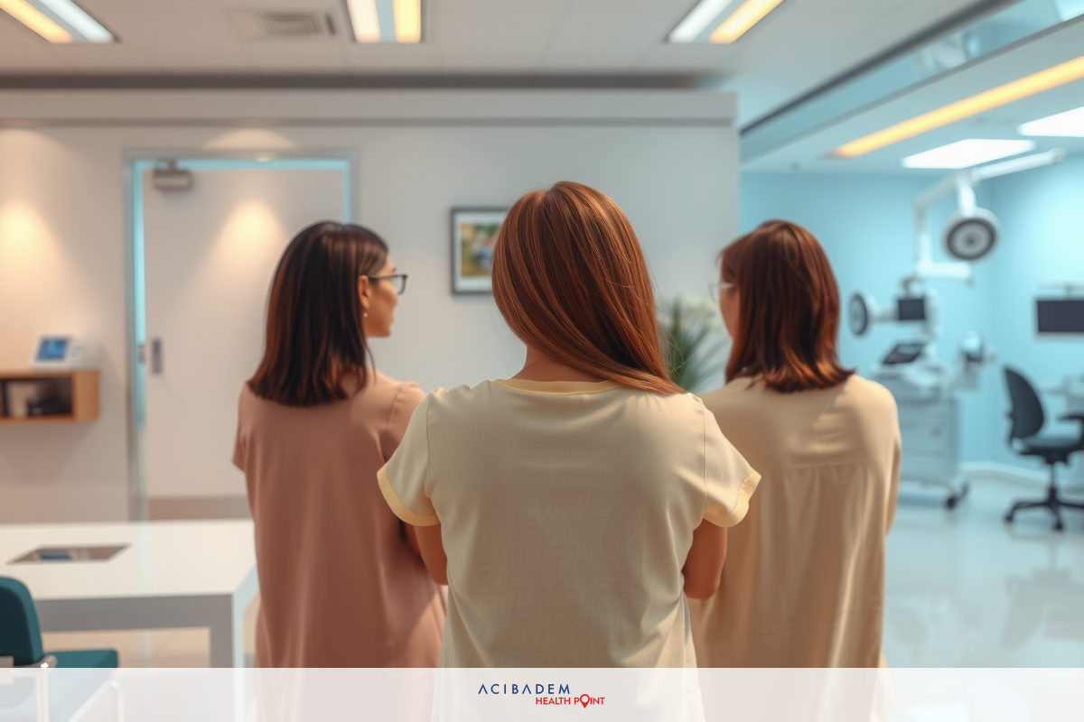 Three women standing in an office setting, dressed in professional attire. They appear to be engaged in a conversation or planning session. The environment suggests a modern, corporate space with ample natural light.