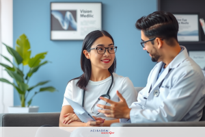 In the image, there is a young woman and a man in what appears to be a clinical or counseling setting. The woman is seated on a couch, listening attentively to the man who stands before her. He is dressed as a medical professional with a white lab coat, signifying his role likely being that of a doctor or therapist.