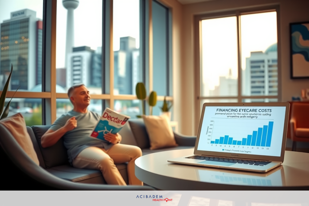 How Much Does LASIK Eye Surgery Cost 2019 A man sits in a modern living room, engrossed in a laptop displaying financial data. The city skyline can be seen through the large windows, and the furniture includes a couch, coffee table, and potted plants.