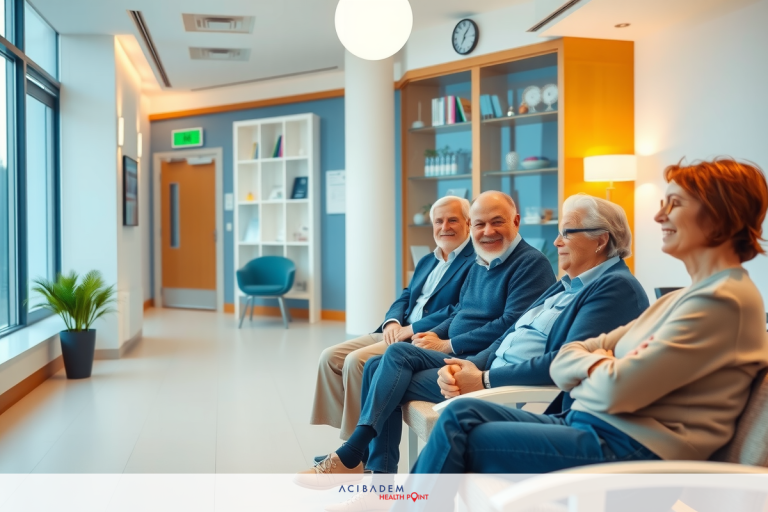 Four elderly people seated in a waiting room, engaged in conversation and observing a screen. They are dressed casually, suggesting a relaxed atmosphere.