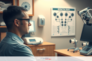 A man sitting at a desk in an office setting. He is wearing glasses and appears to be working on a computer or using a medical device.
