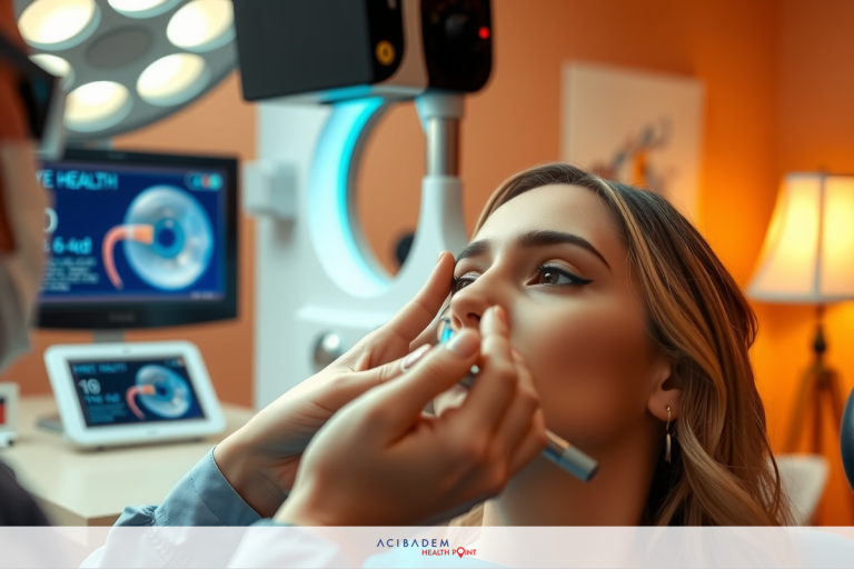 Does Laser Eye Surgery Correct Short Sightedness? An ophthalmologist is treating a patient's eyes. The setting is a modern medical clinic office with special equipment such as an eye exam chair and light source visible in the background.