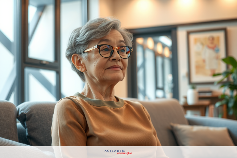 The image features an older woman with gray hair, wearing glasses and a brown top. She is seated in what appears to be an office or lobby setting, as suggested by the modern furniture and decor in neutral tones. The woman seems to be waiting or observing something off-camera, conveying a sense of calm patience.