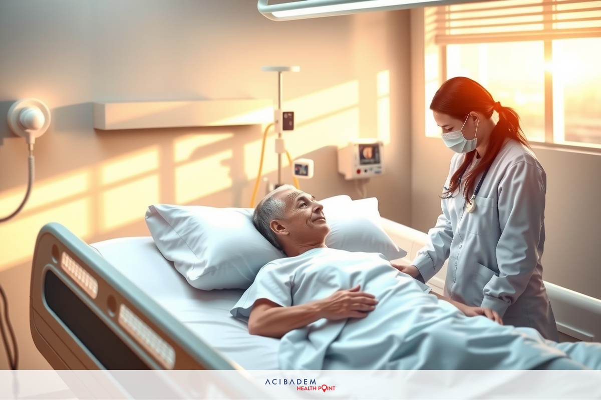 In the image, a male patient is lying in bed with medical equipment and an oxygen tank. An attentive female nurse stands beside him, providing care. The environment suggests a modern hospital room bathed in natural light.