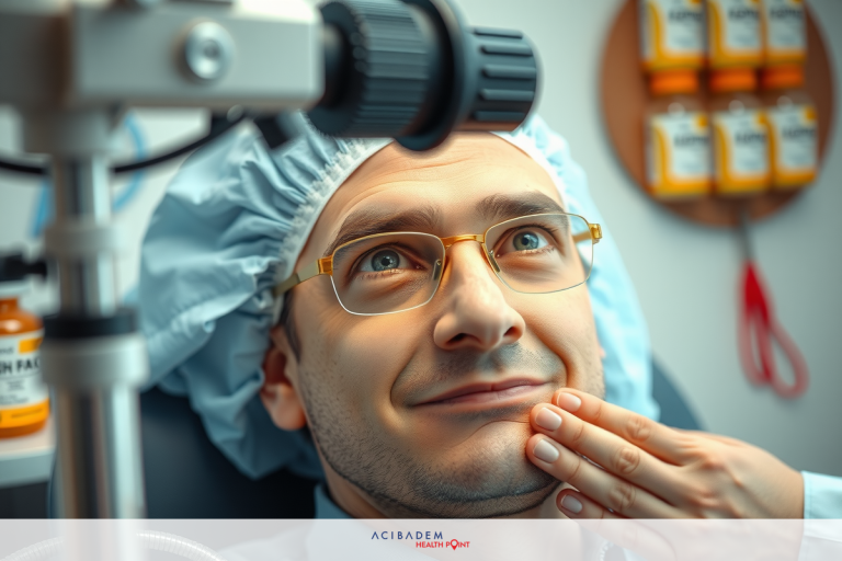 A man sitting in a medical chair with his eyes open, wearing glasses. A doctor using an eye examination light on him.