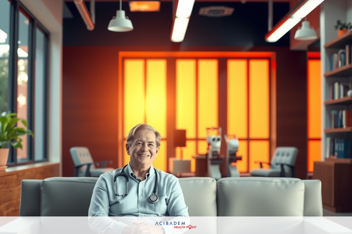 A professional setting with a man sitting on a couch. He is dressed in medical attire, suggesting he might be a doctor or healthcare provider.
