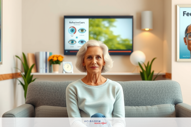 When to Get Laser Eye Surgery The image depicts an older woman seated on a gray couch in a modern living room setting. She appears relaxed. On the television screen behind her, there is a visual graphic of human eyes.
