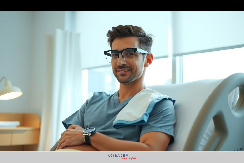 Can Eye Laser Surgery Correct Astigmatism? A man sitting on a hospital bed, wearing glasses and an open surgical gown. The room is bright with natural light coming in from the window. He appears to be waiting for his medical procedure or post-surgery recovery.