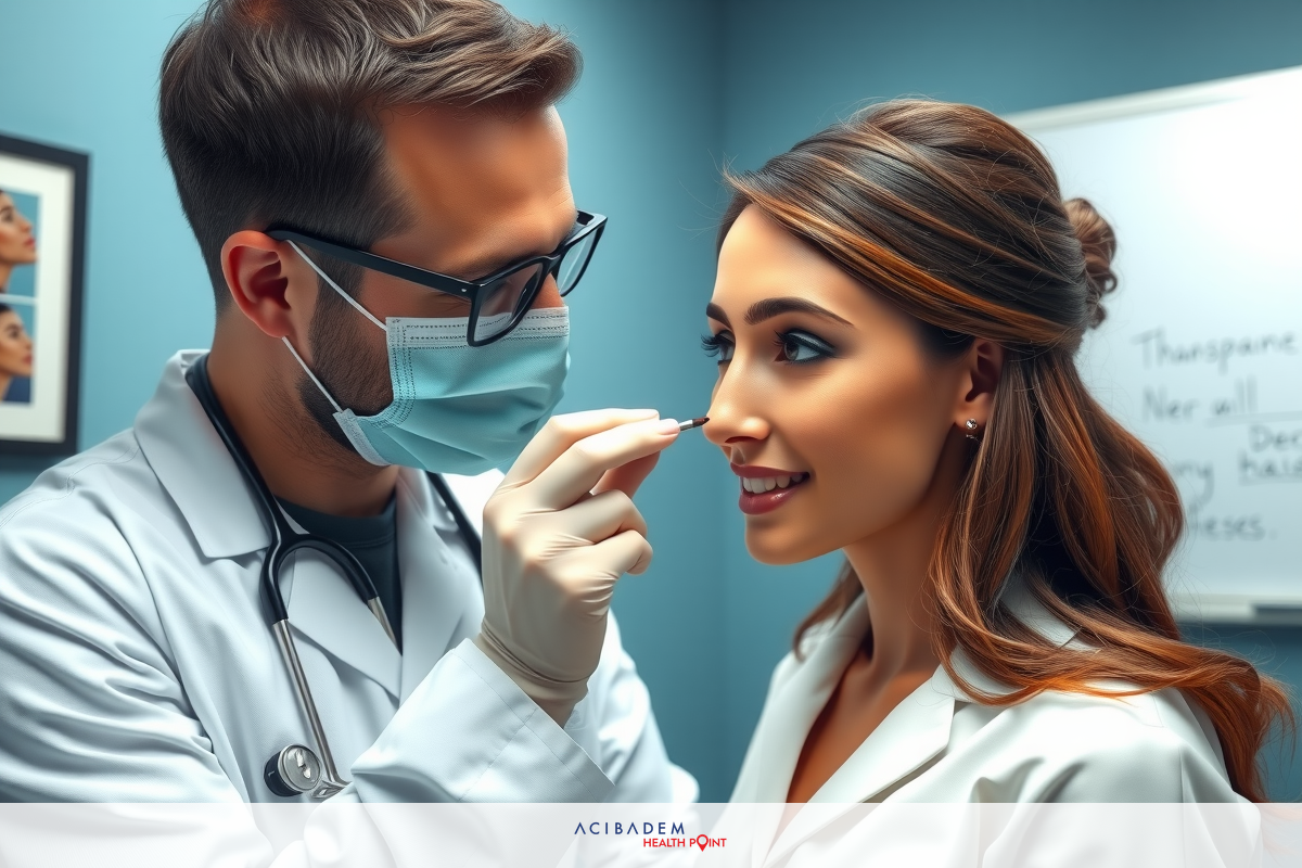 The image depicts a medical examination scene. A man wearing a white lab coat and white gloves is conducting an nose examination on a female patient with brown hair.