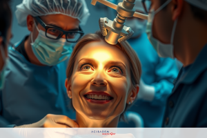 The image depicts a scene in an operating room where medical professionals are performing surgery on a woman. There are bright lights illuminating her face, and the atmosphere suggests a sterile and well-lit environment typical of a surgical suite.