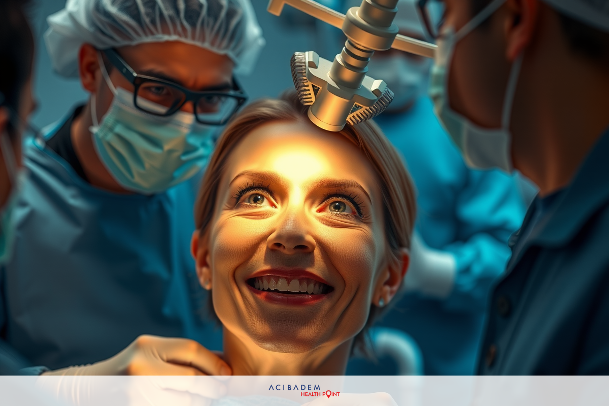 The image depicts a scene in an operating room where medical professionals are performing surgery on a woman. There are bright lights illuminating her face, and the atmosphere suggests a sterile and well-lit environment typical of a surgical suite.